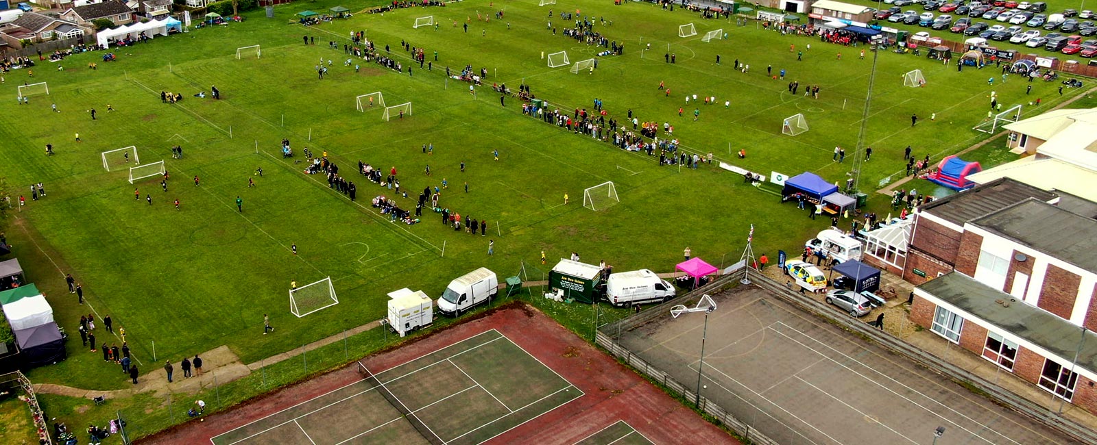 Aerial view showing some of the many different pitches at Watton Sports Centre.